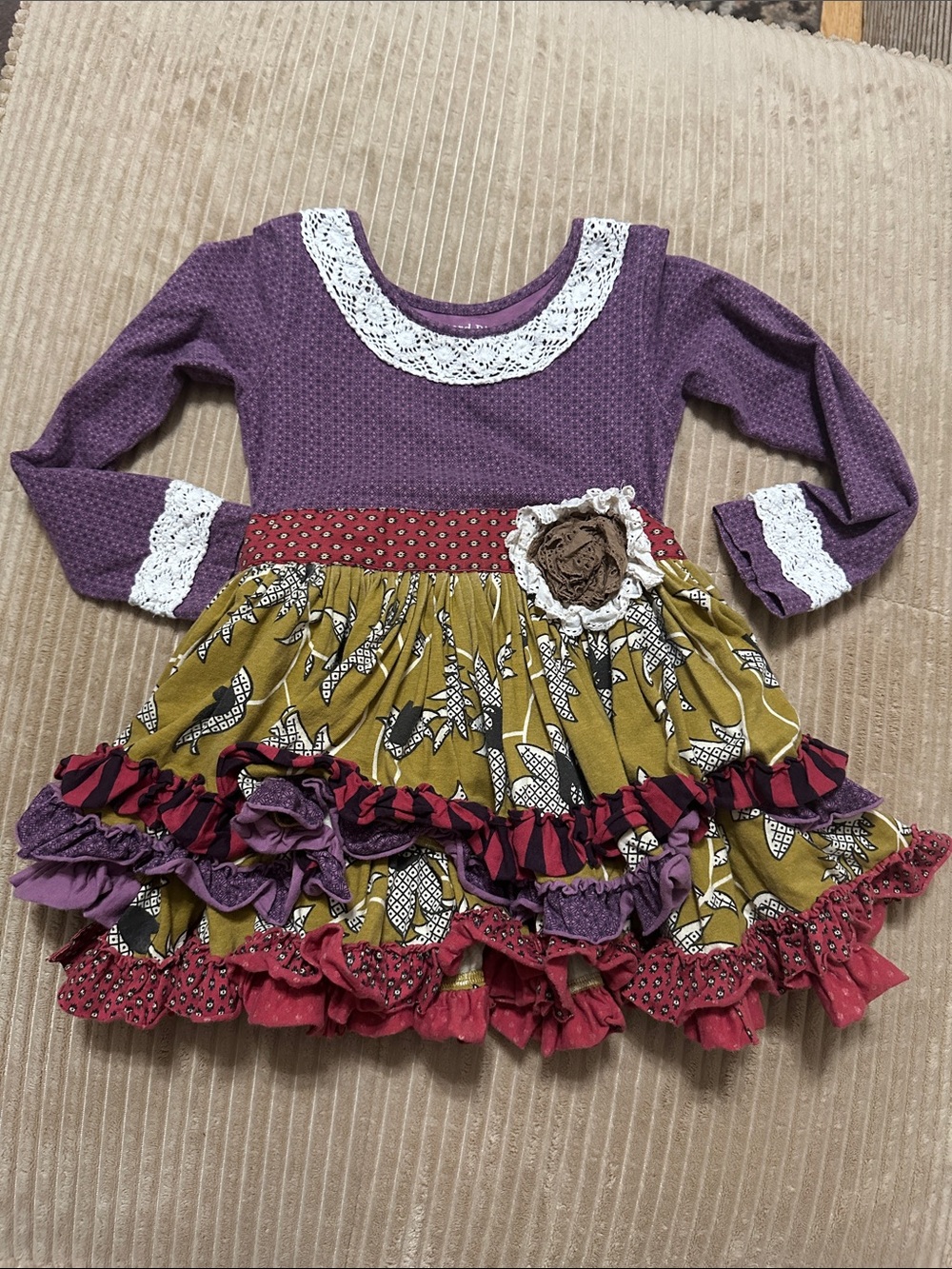 Mustard Pie Purple Bodice & Mustard Patterned Ruffle Dress size 4